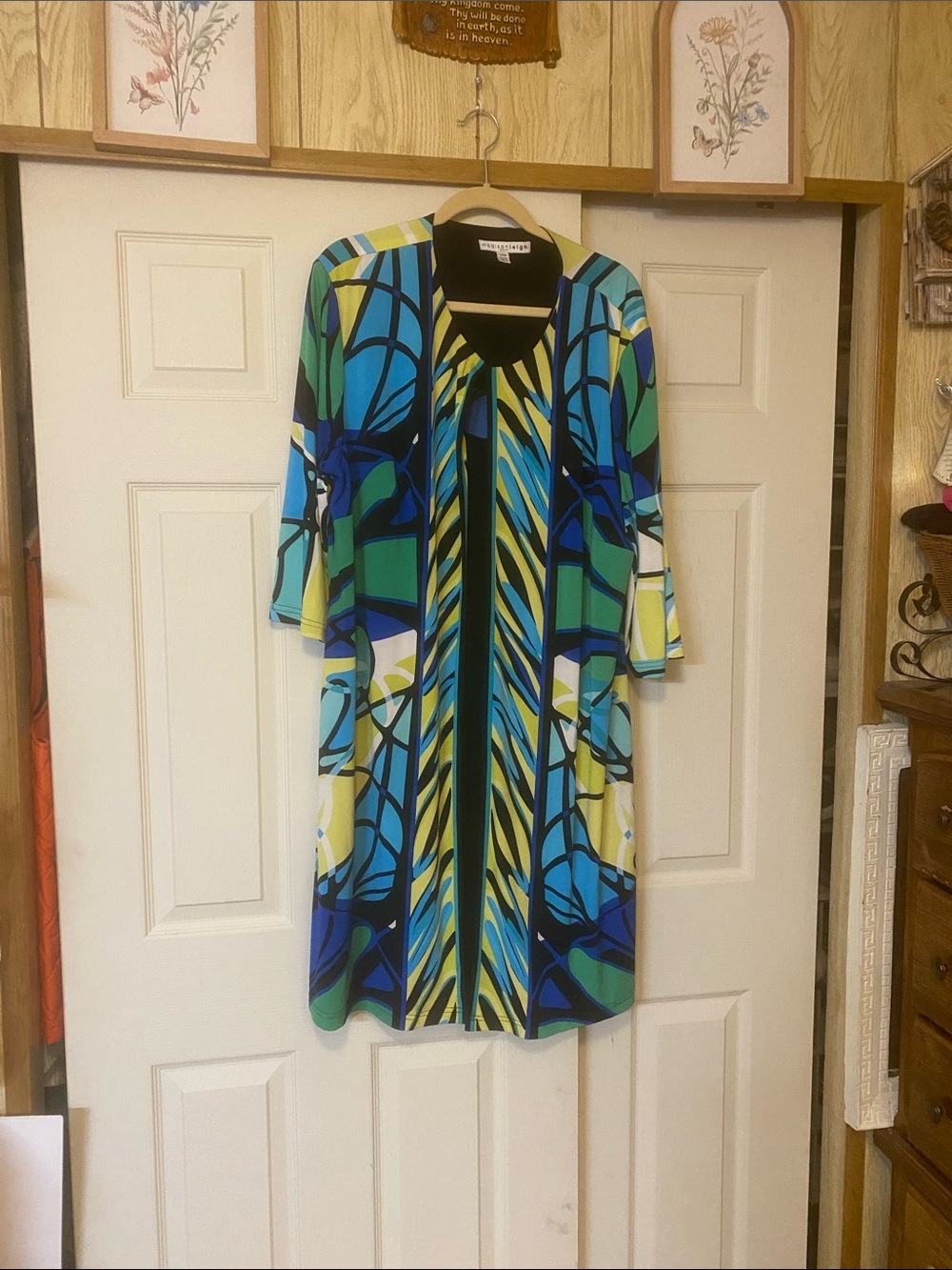 Madisonleigh Blue, Green & Yellow Abstract 3/4 Sleeve Dress